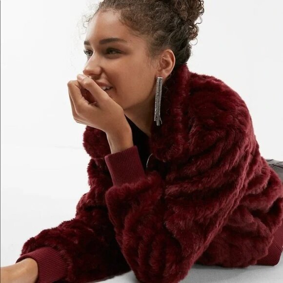 EXPRESS Burgundy Wine Red Faux Fur ZIP Front Bomber Jacket - Picture 2 of 6